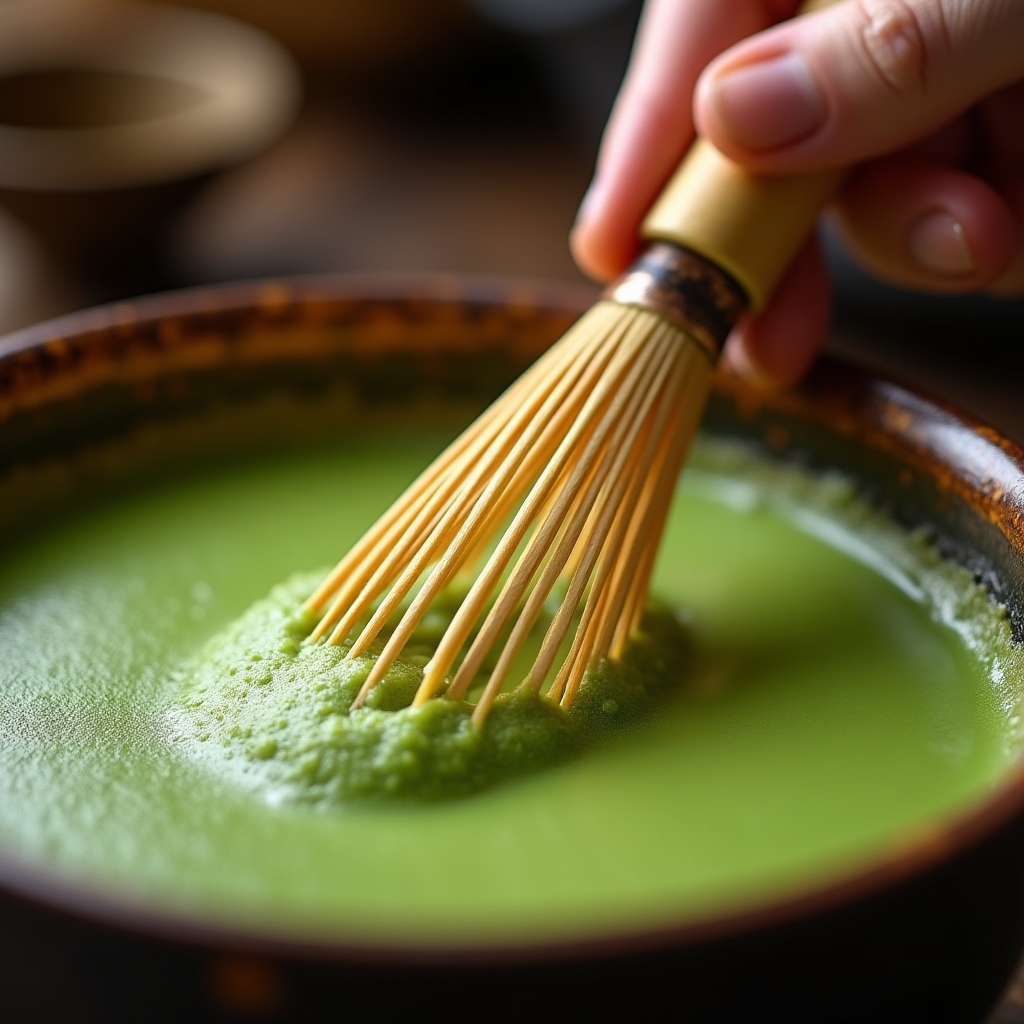竹製の茶筅で抹茶を点てる手元のクローズアップ