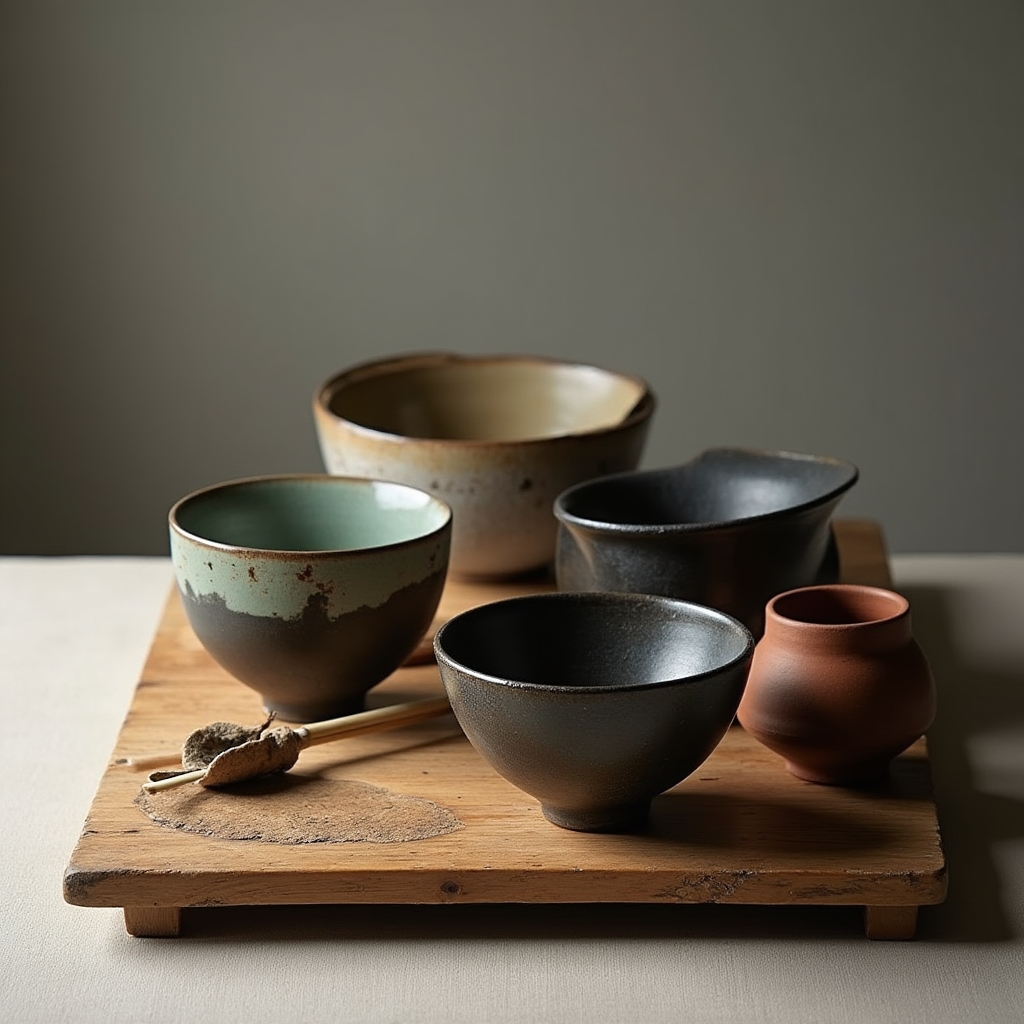 手作りの茶碗と茶道具の静物写真