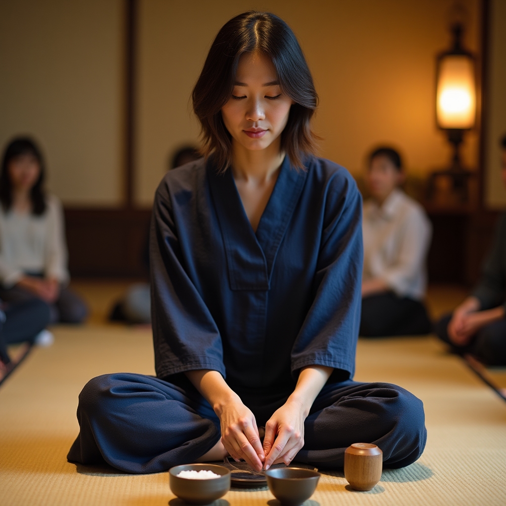 インストラクターが茶道の所作を実演する様子