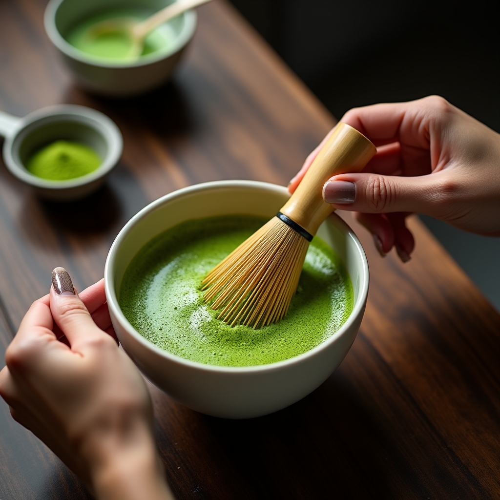抹茶を点てる工程の手元写真