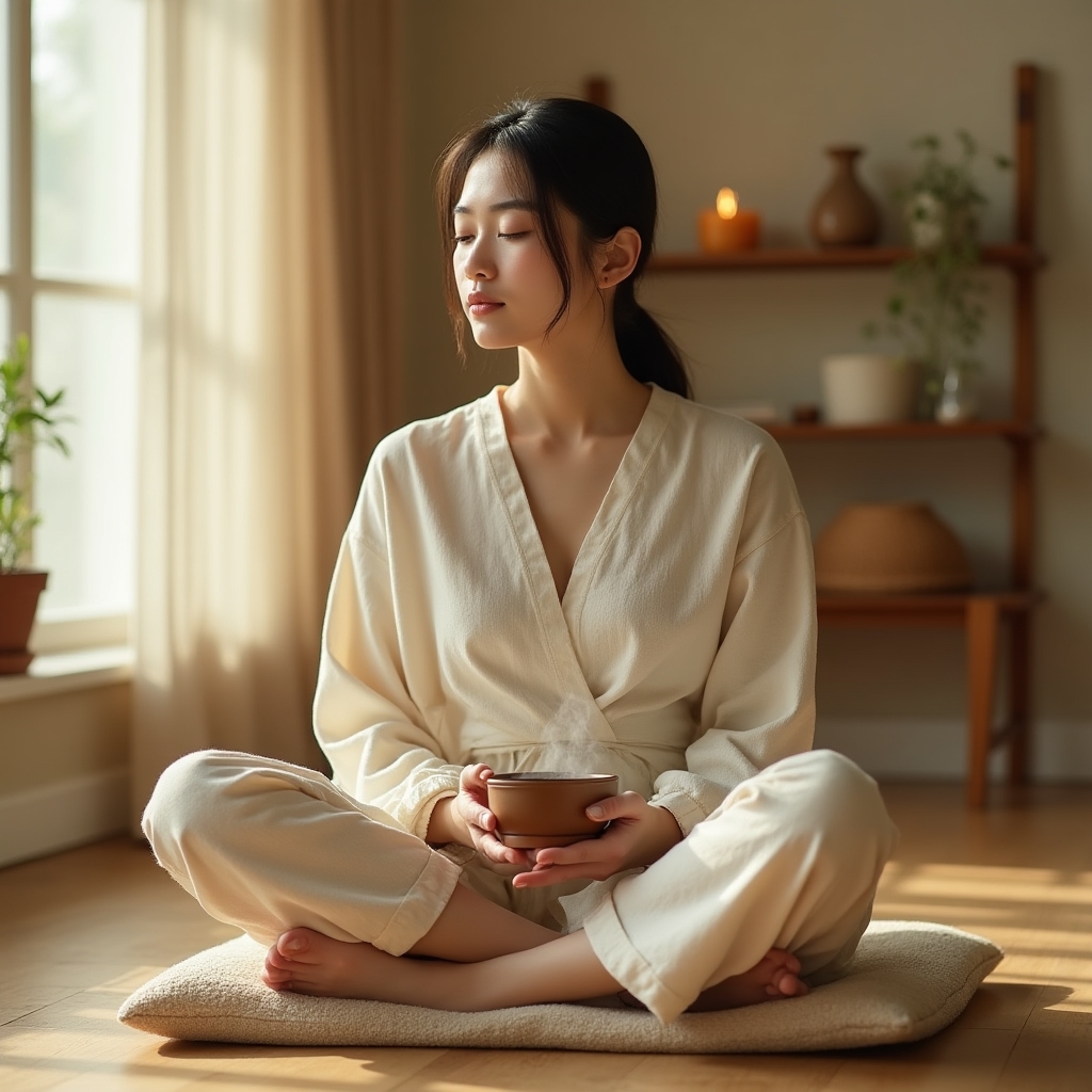 瞑想的な雰囲気で静かに茶を楽しむ人物